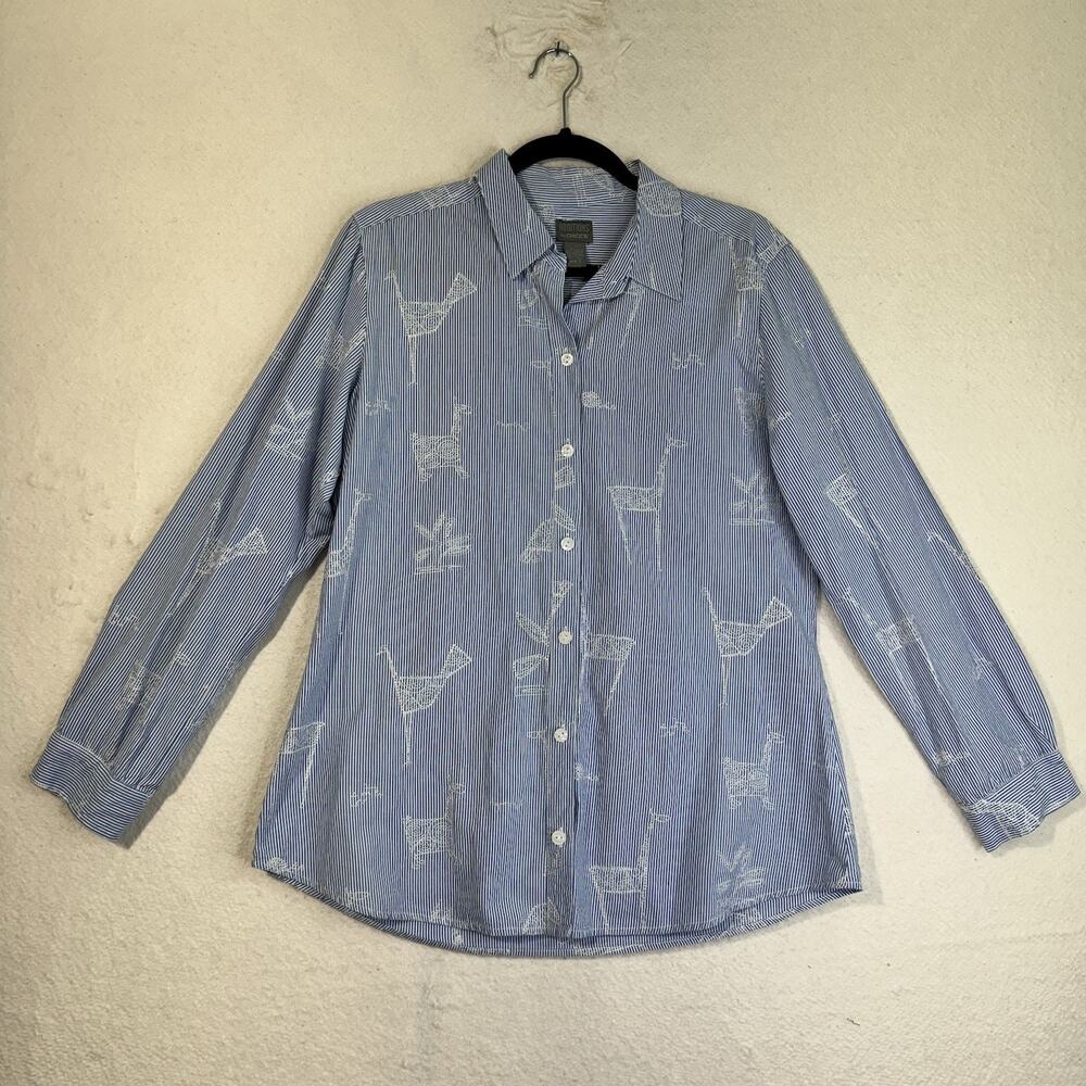 Addictions By Chico’s Blue/White Striped Button-Up Wild Animal Embroidery Large